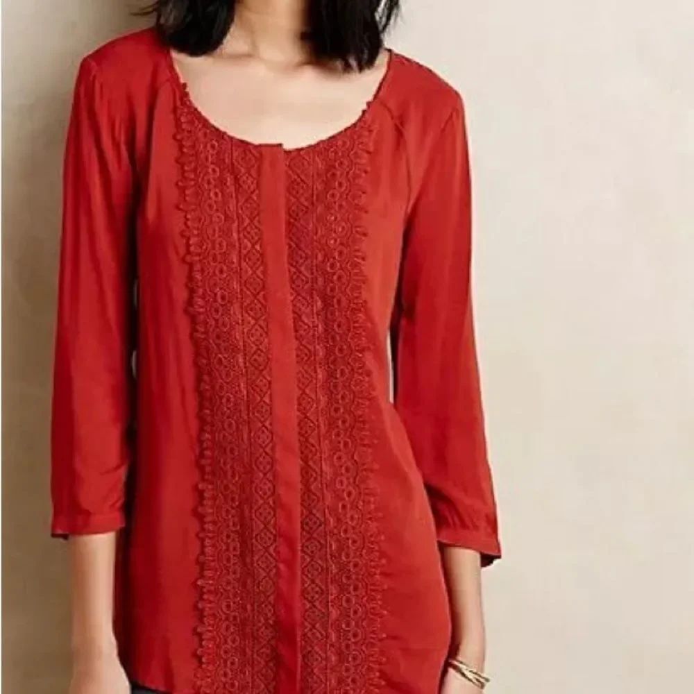 ANTHROPOLOGIE Maeve Rust Color Crescent Street Button Down Crochet Front Blouse